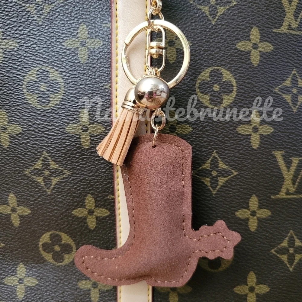 Western Boot Crystal Rhinestone Keychain Bag Charm With Tan Tassel